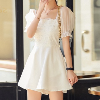 Women's Jumpsuit 2021 New Lace Square Neck Puff Sleeve Slim Fit Jumpsuit Wide Leg Shorts