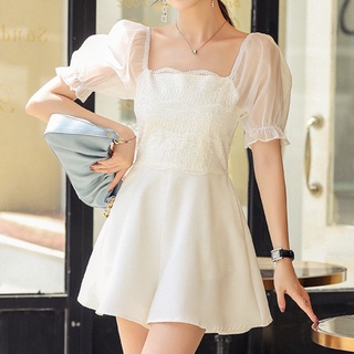 Women's Jumpsuit 2021 New Lace Square Neck Puff Sleeve Slim Fit Jumpsuit Wide Leg Shorts