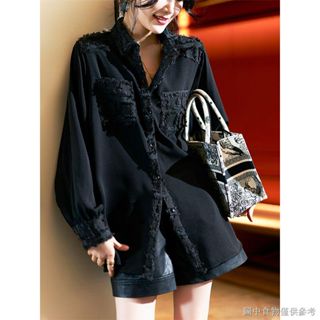 Plain wood fashion black shirt women's 2023 European station temperament women's spring new large si