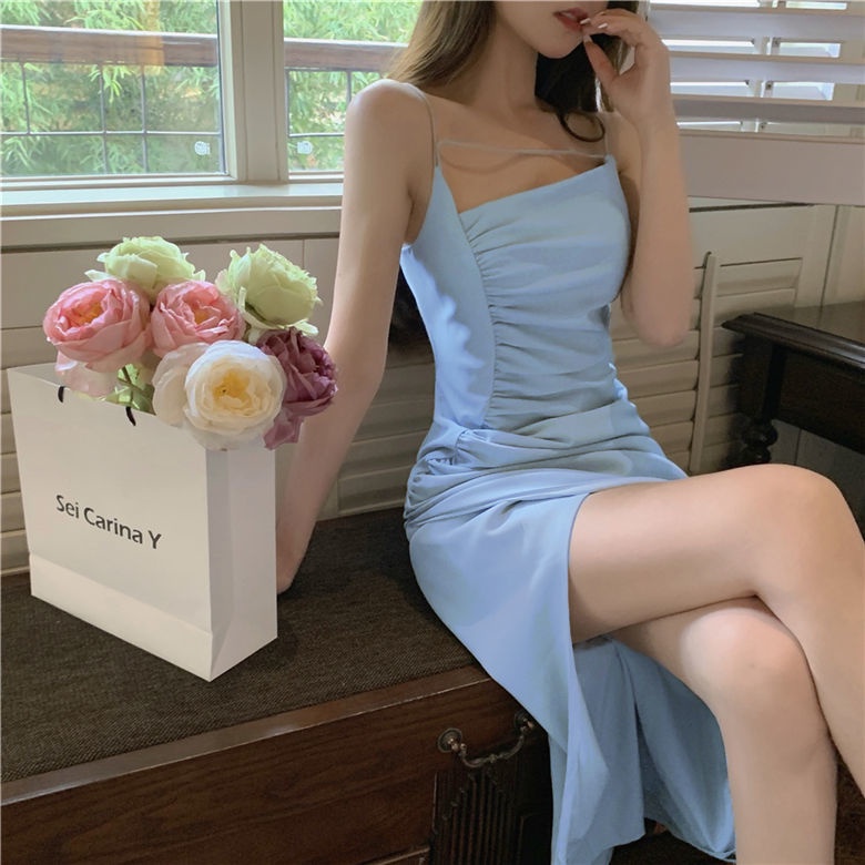 Women Summer Dress Light Mature Style Sexy Temperament Suspender Dress Slim Waist Pleated Mid-Length