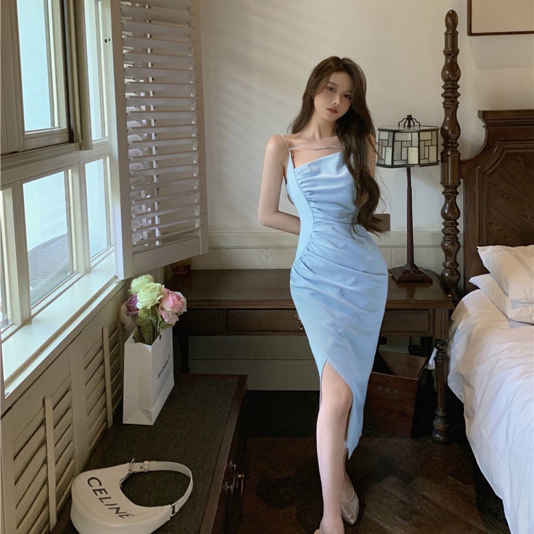 Women Summer Dress Light Mature Style Sexy Temperament Suspender Dress Slim Waist Pleated Mid-Length