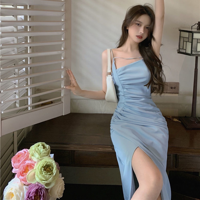 Women Summer Dress Light Mature Style Sexy Temperament Suspender Dress Slim Waist Pleated Mid-Length