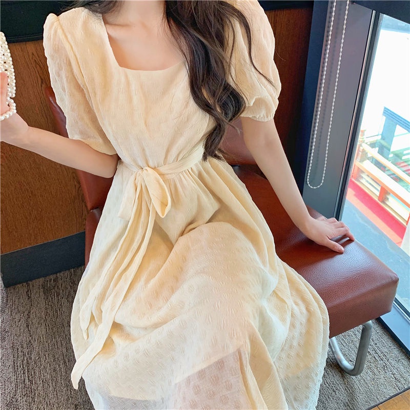 women Super fairy purple dress square neck puff sleeve dresses