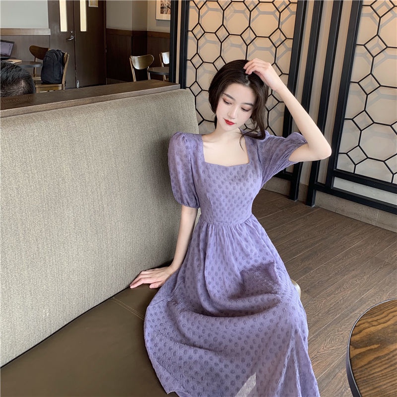 women Super fairy purple dress square neck puff sleeve dresses