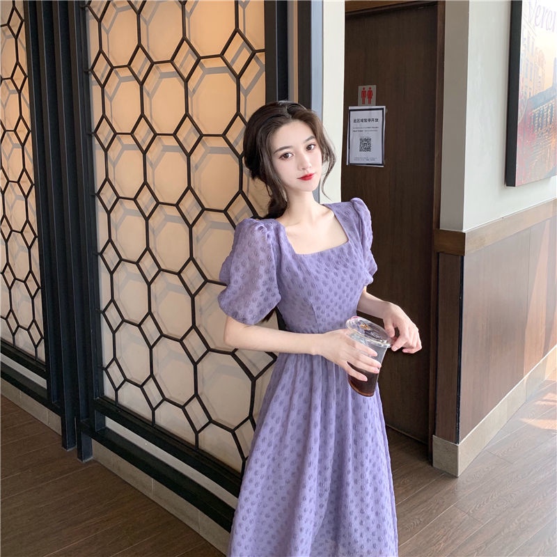 women Super fairy purple dress square neck puff sleeve dresses