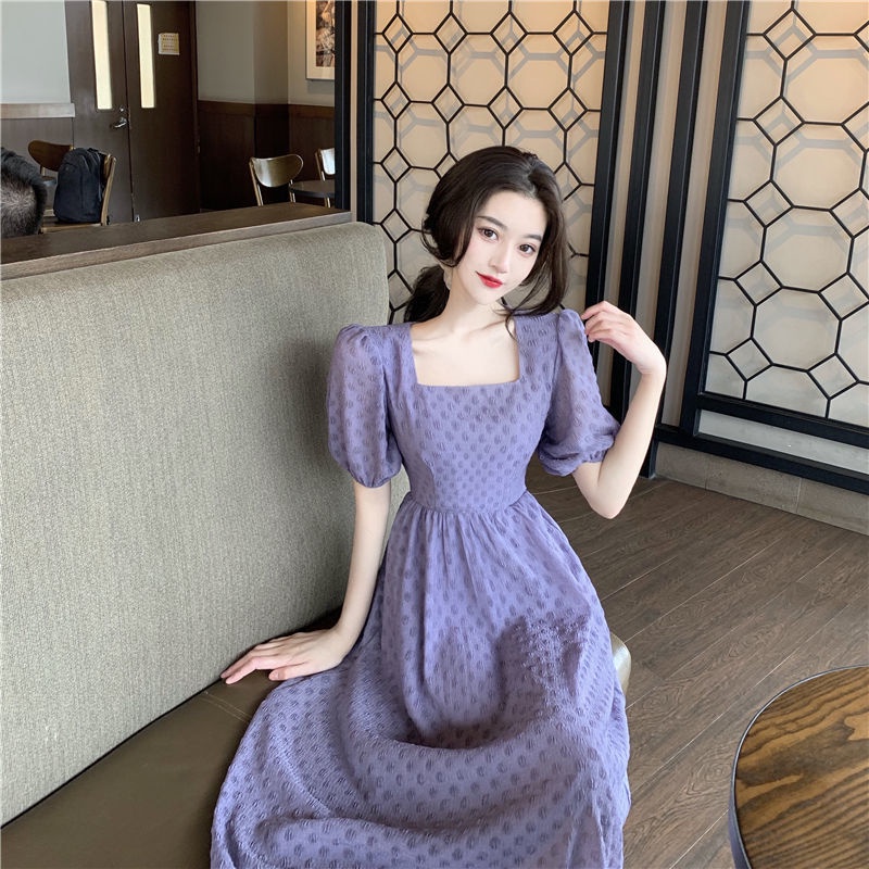 women Super fairy purple dress square neck puff sleeve dresses