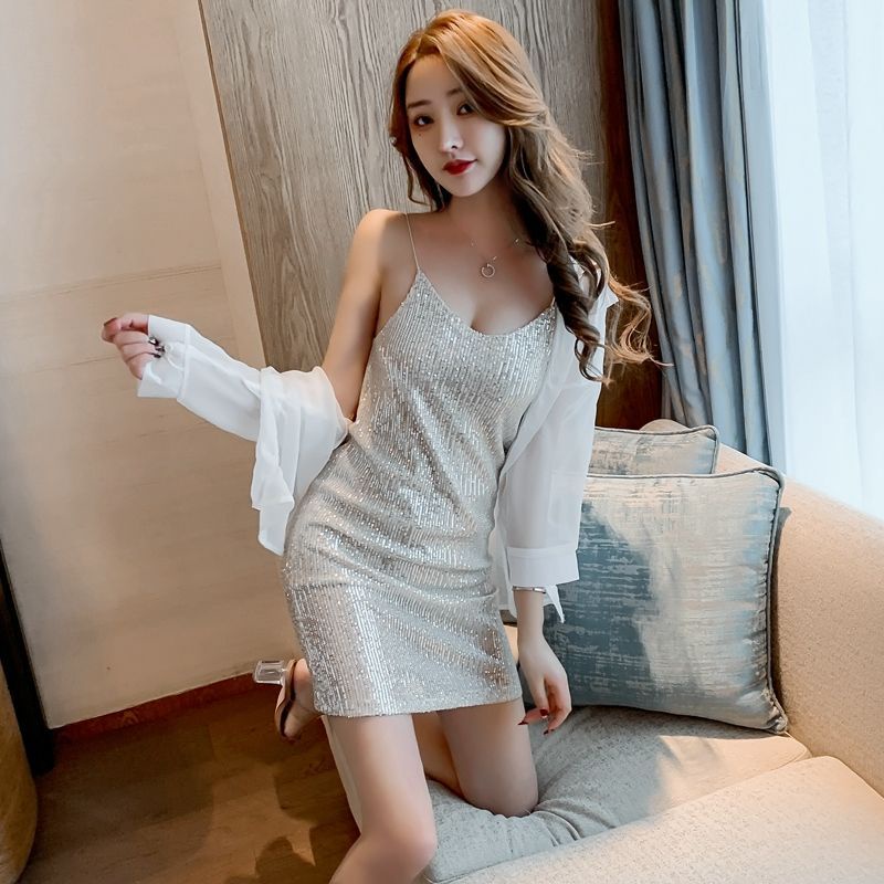 Women Temperament Sequin Slim Wrap Mini Dresses Sexy Lady New Summer Suspender Dress