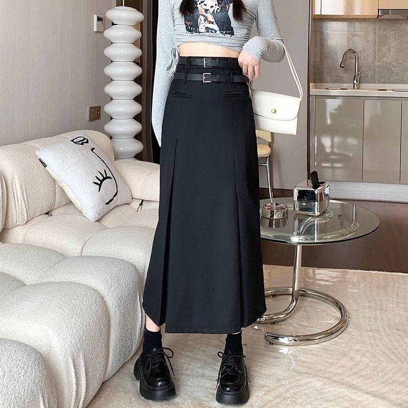 Women Grey Maxi Skirts Temperament High Waist Versatile Long Skirt