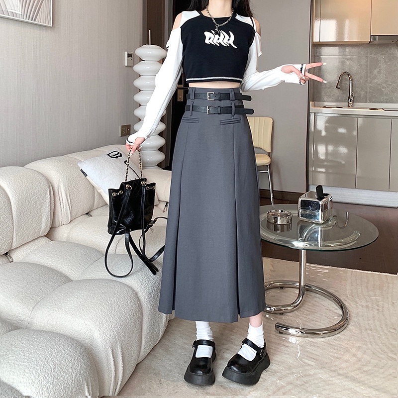 Women Grey Maxi Skirts Temperament High Waist Versatile Long Skirt