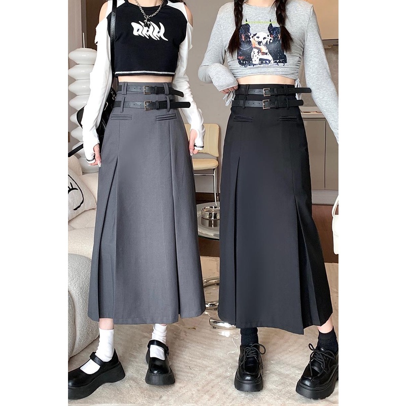 Women Grey Maxi Skirts Temperament High Waist Versatile Long Skirt