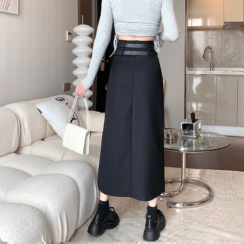 Women Grey Maxi Skirts Temperament High Waist Versatile Long Skirt