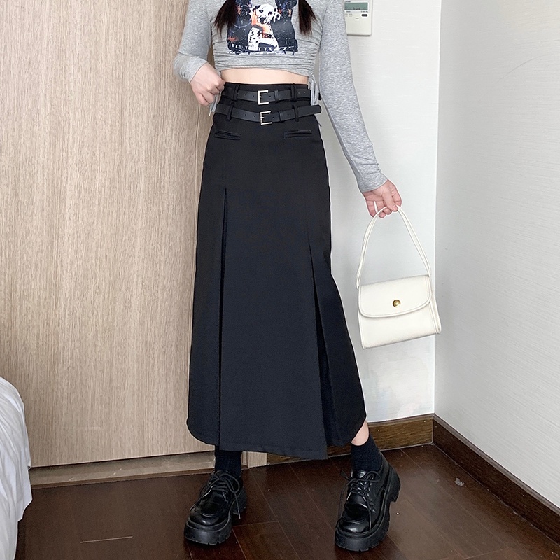 Women Grey Maxi Skirts Temperament High Waist Versatile Long Skirt