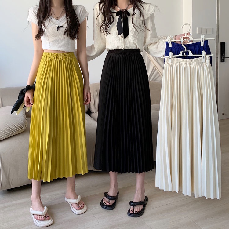 Women New Korean Mid-Length Pleated Maxi Skirt Elastic Waist A-Line Skirts