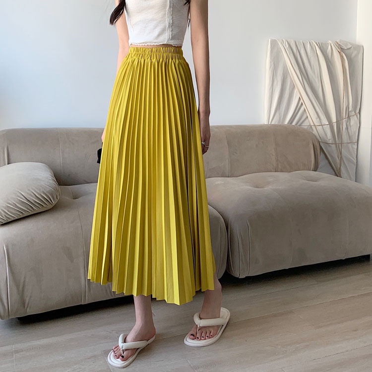 Women New Korean Mid-Length Pleated Maxi Skirt Elastic Waist A-Line Skirts