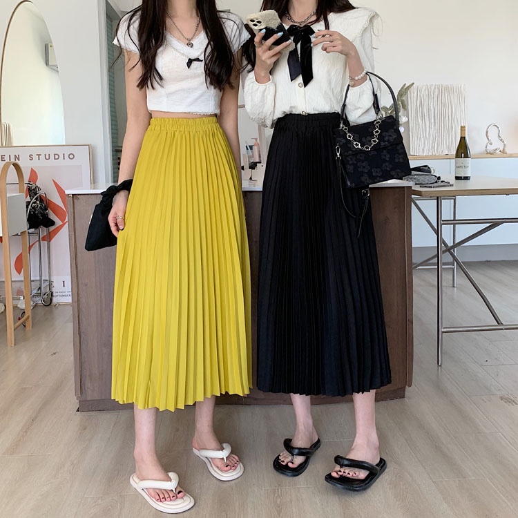 Women New Korean Mid-Length Pleated Maxi Skirt Elastic Waist A-Line Skirts