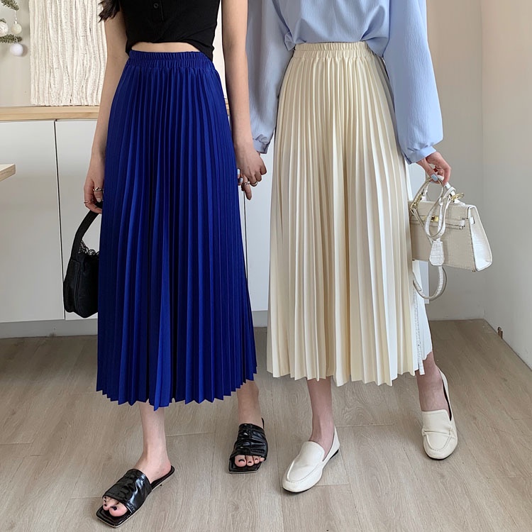 Women New Korean Mid-Length Pleated Maxi Skirt Elastic Waist A-Line Skirts