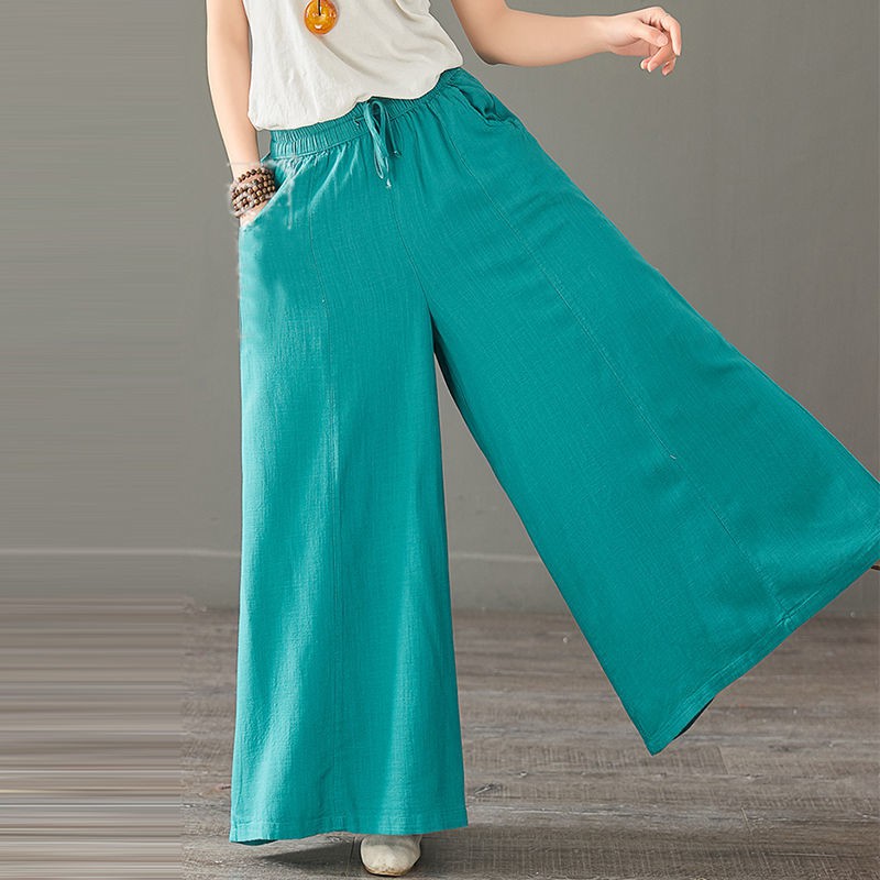 【5 colors】Plus Size Women High Waist Casual Wide Legs Culottes Elastic Belted Cotton Long Pants