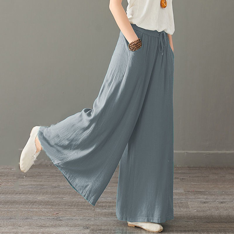 【5 colors】Plus Size Women High Waist Casual Wide Legs Culottes Elastic Belted Cotton Long Pants