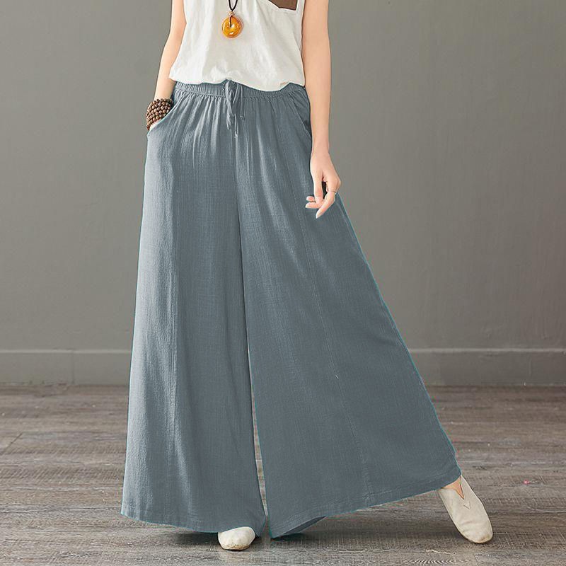 【5 colors】Plus Size Women High Waist Casual Wide Legs Culottes Elastic Belted Cotton Long Pants