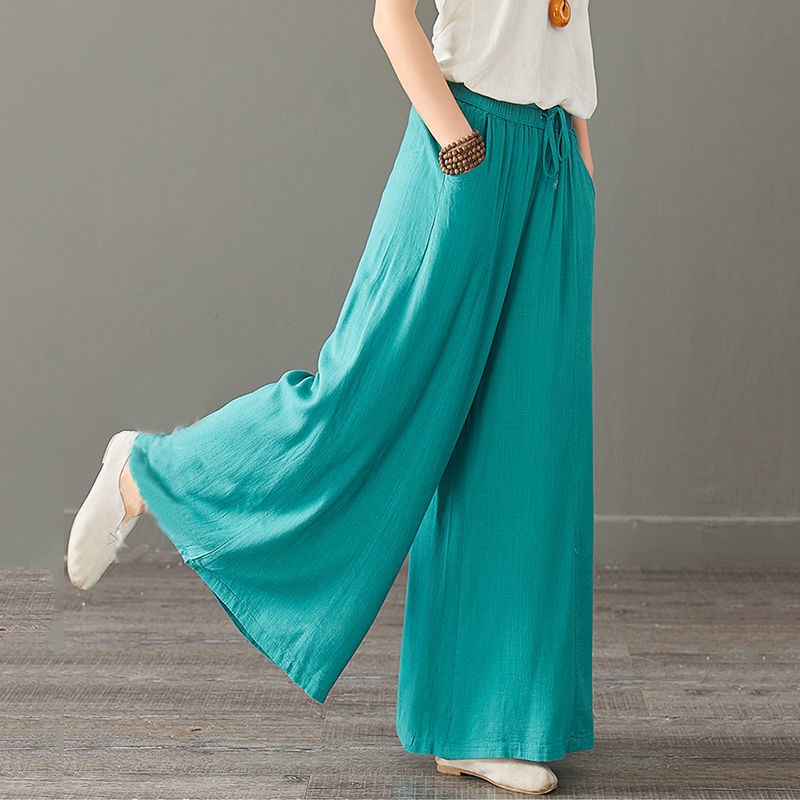 【5 colors】Plus Size Women High Waist Casual Wide Legs Culottes Elastic Belted Cotton Long Pants
