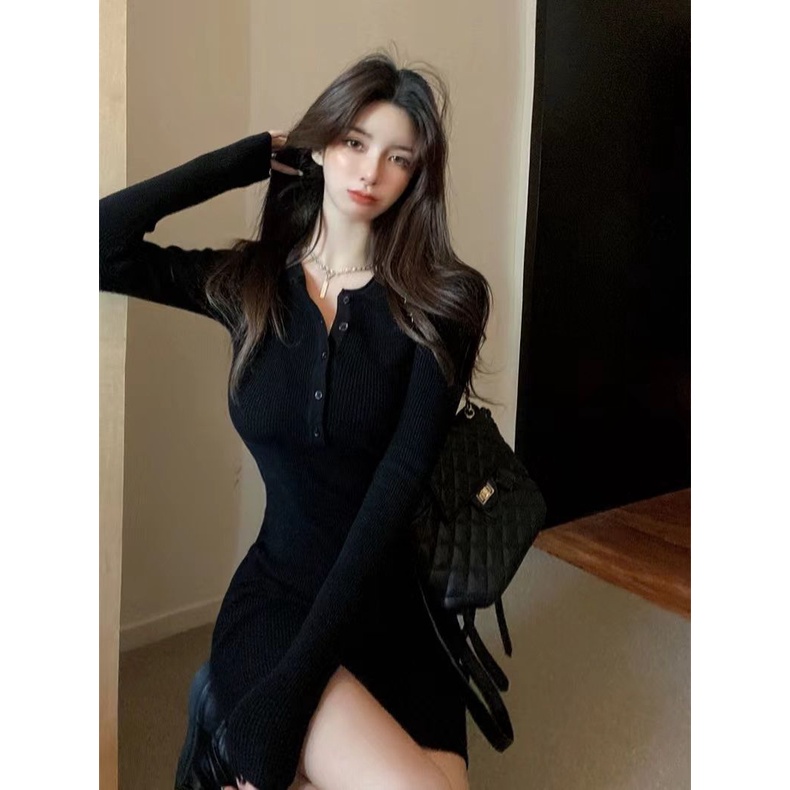 High-grade waist-feeling hot girl's black hip skirt with long-sleeved knitted dress for women top