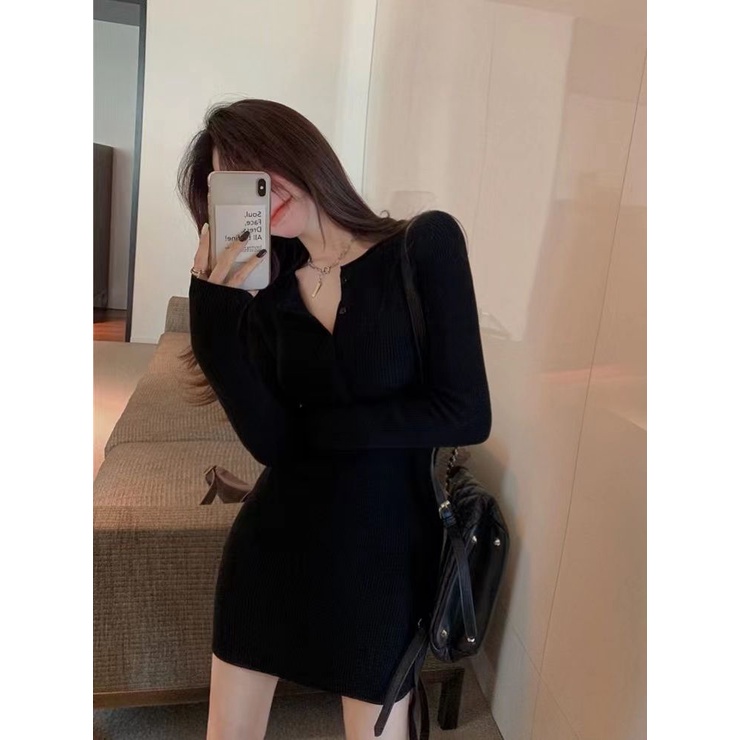 High-grade waist-feeling hot girl's black hip skirt with long-sleeved knitted dress for women top