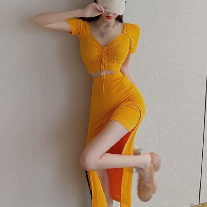 1 Set Women Drawstring V-neck Slim Slit Top Skirt Sexy Slim Bodycon Dress