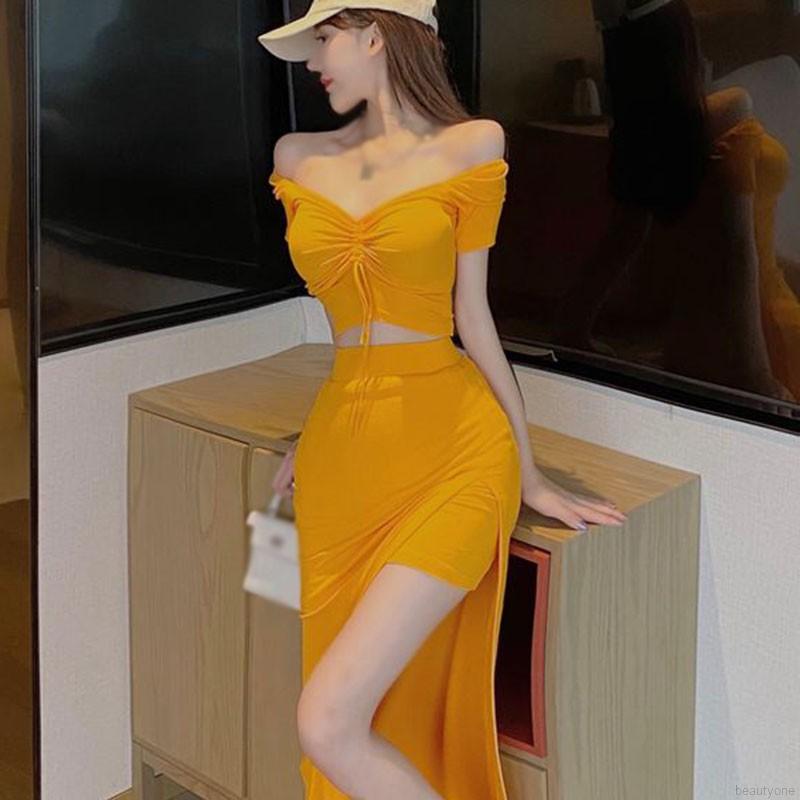 1 Set Women Drawstring V-neck Slim Slit Top Skirt Sexy Slim Bodycon Dress