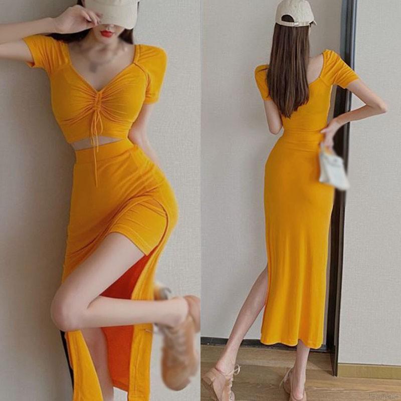 1 Set Women Drawstring V-neck Slim Slit Top Skirt Sexy Slim Bodycon Dress