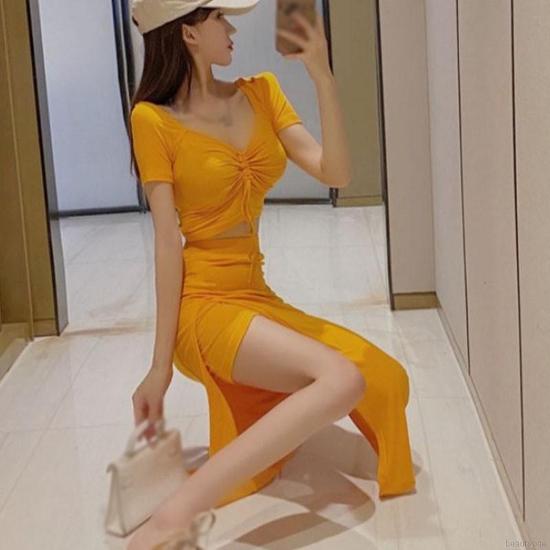 1 Set Women Drawstring V-neck Slim Slit Top Skirt Sexy Slim Bodycon Dress