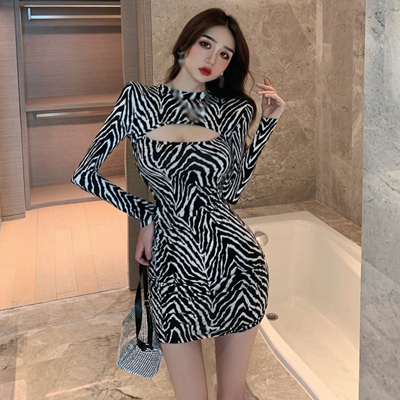 Women's Hollow Out Long Sleeve Bodycon Zebra Mini Dress