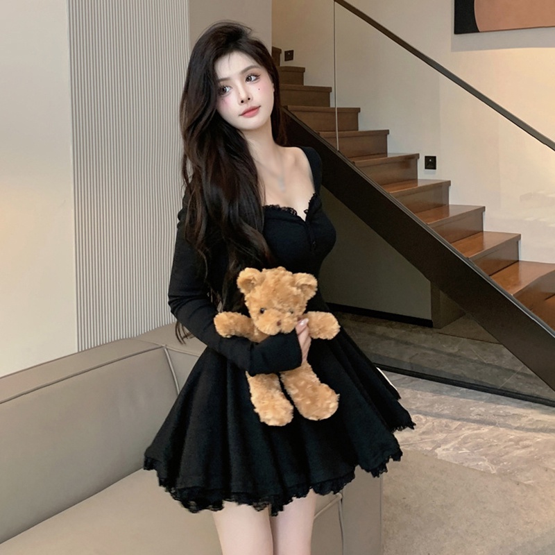 Korean Dress Casual A Line Long Sleeve Square Collar