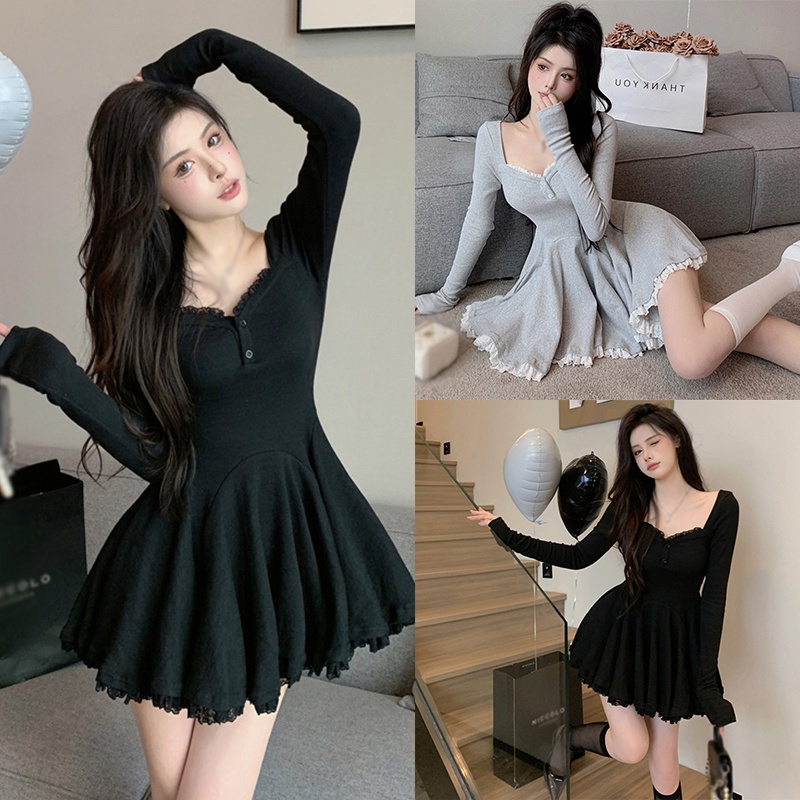 Korean Dress Casual A Line Long Sleeve Square Collar