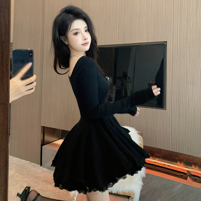 Korean Dress Casual A Line Long Sleeve Square Collar