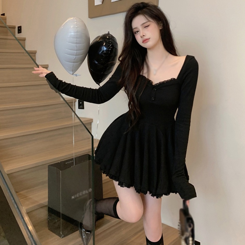 Korean Dress Casual A Line Long Sleeve Square Collar