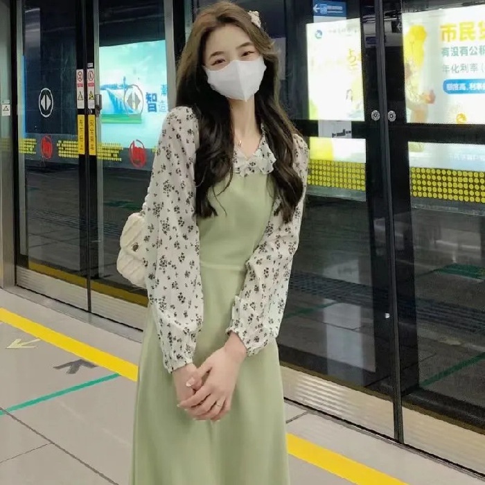 Green Dress Spring Autumn Long Sleeve A-line Floral Dress French Elegant Gentle Stitching Ruffles Do