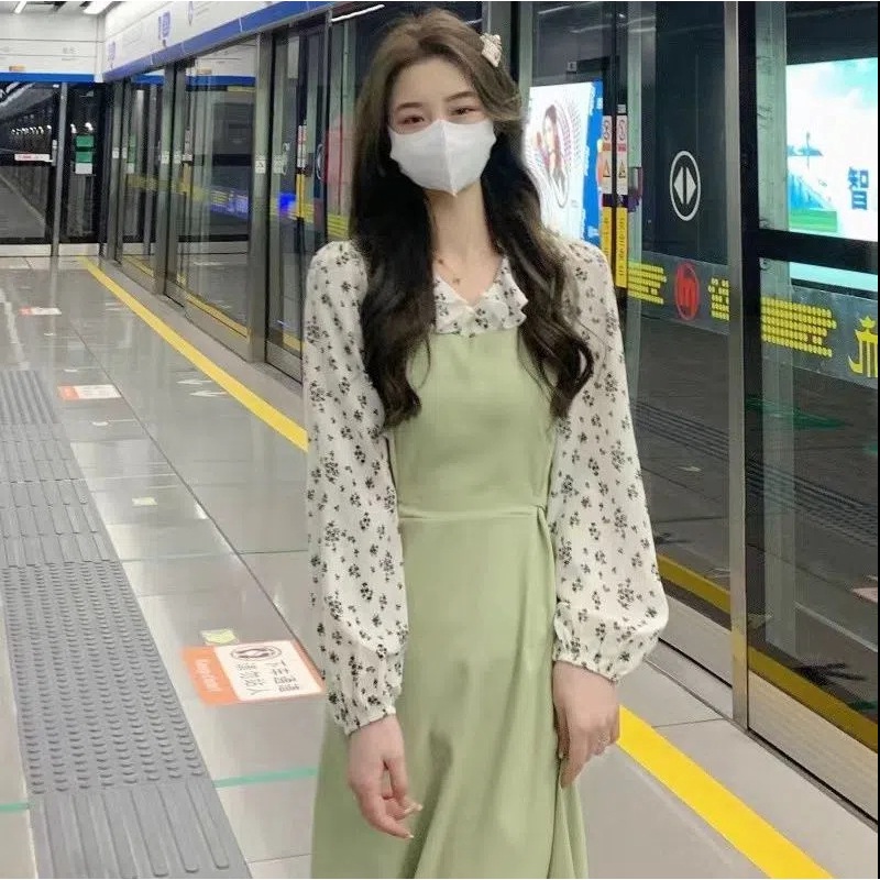 Green Dress Spring Autumn Long Sleeve A-line Floral Dress French Elegant Gentle Stitching Ruffles Do