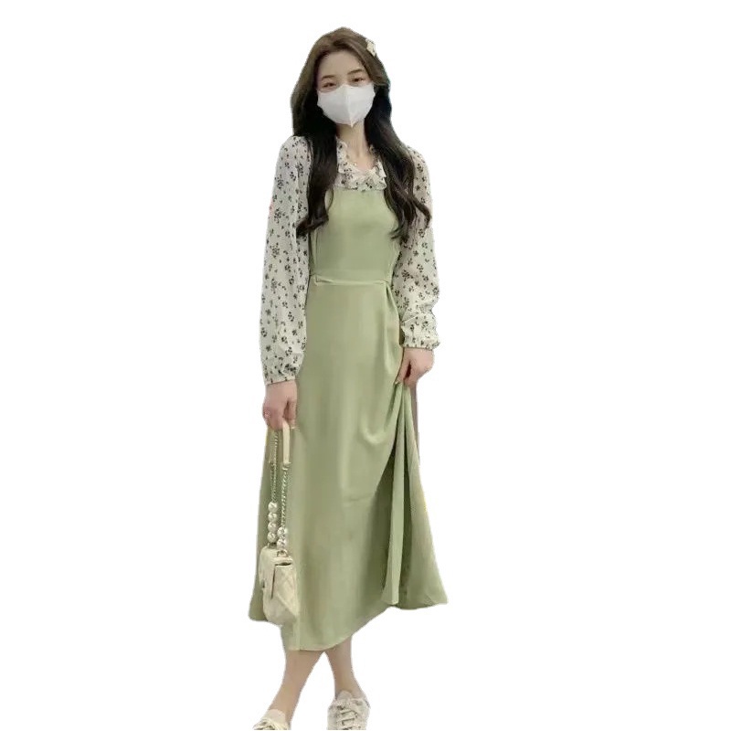 Green Dress Spring Autumn Long Sleeve A-line Floral Dress French Elegant Gentle Stitching Ruffles Do