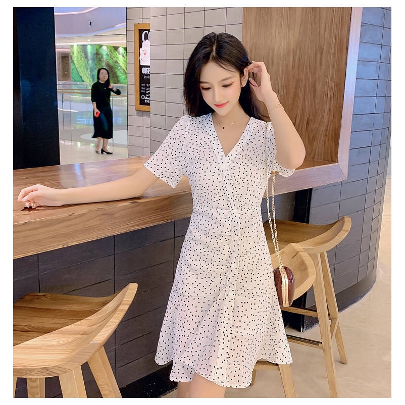 Women Ladies Slim Midi Dresses Summer V-neck Polka Dot Chiffon Korean Fashion Female Dinner Party Re