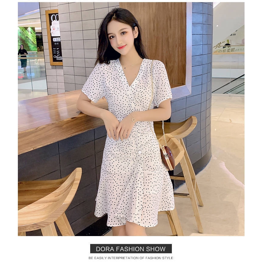 Women Ladies Slim Midi Dresses Summer V-neck Polka Dot Chiffon Korean Fashion Female Dinner Party Re