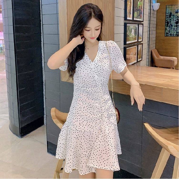 Women Ladies Slim Midi Dresses Summer V-neck Polka Dot Chiffon Korean Fashion Female Dinner Party Re