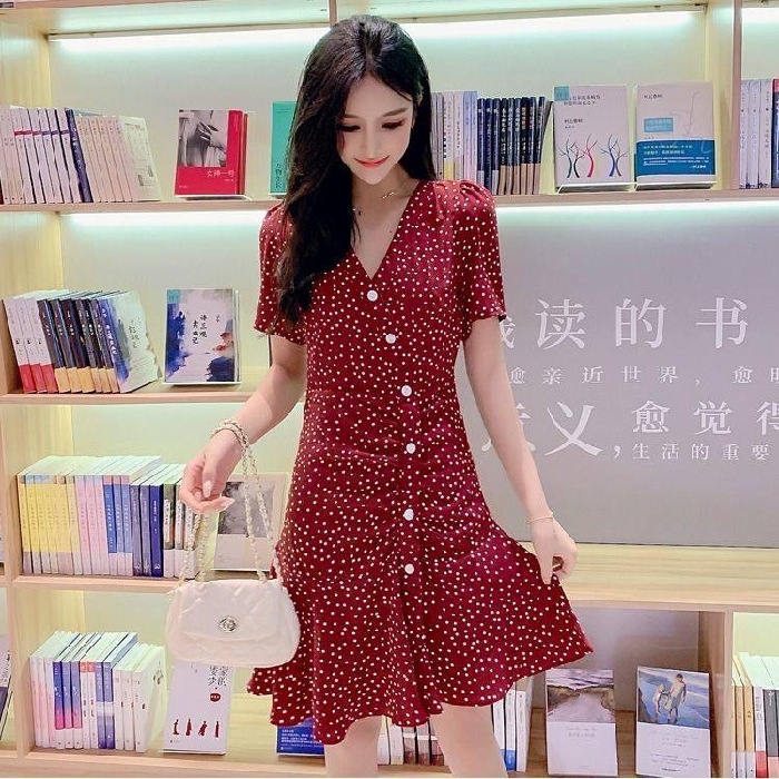 Women Ladies Slim Midi Dresses Summer V-neck Polka Dot Chiffon Korean Fashion Female Dinner Party Re