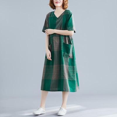 Women Loose Plus Size Dress Short Sleeve Casual Cotton Linen Midi Dress Korean Style Maxi Dress Musl