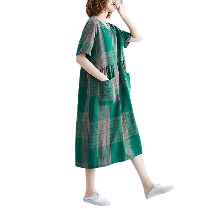Women Loose Plus Size Dress Short Sleeve Casual Cotton Linen Midi Dress Korean Style Maxi Dress Musl