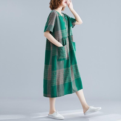 Women Loose Plus Size Dress Short Sleeve Casual Cotton Linen Midi Dress Korean Style Maxi Dress Musl