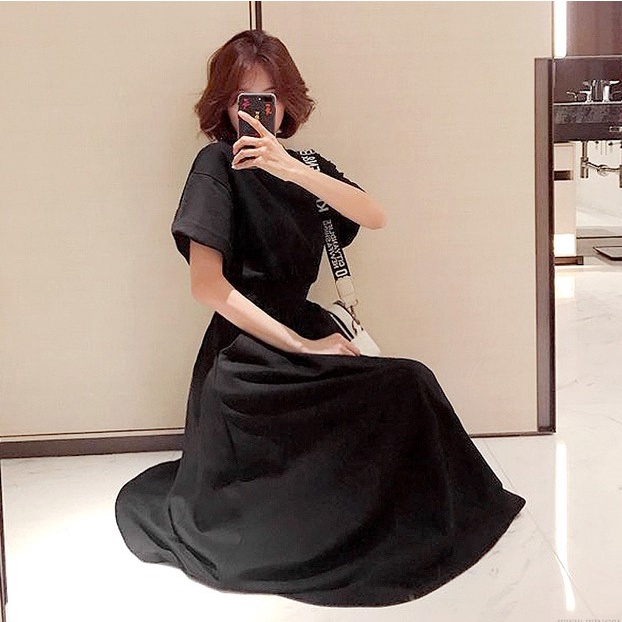 Women Dress Plain Summer Short Sleeve Round Neck A Line Mid Length Long Dress Solid Cotton Sundress 