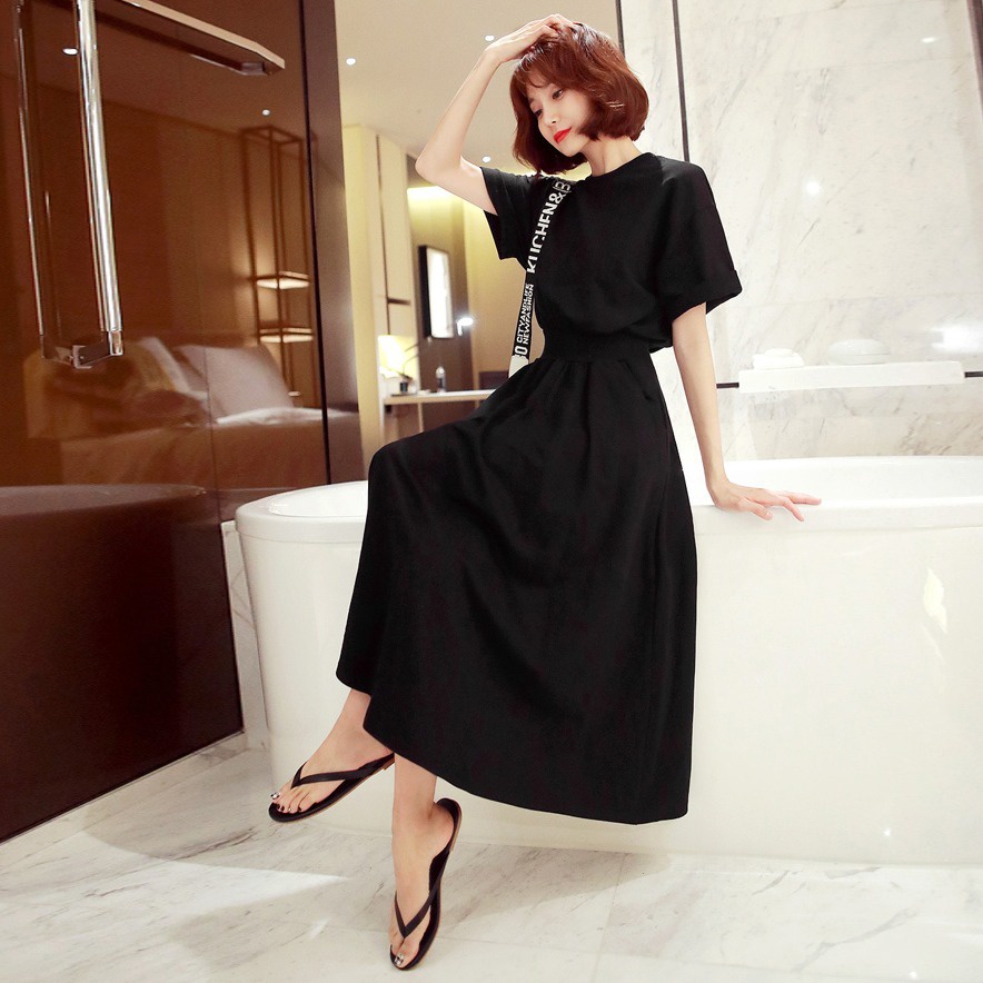 Women Dress Plain Summer Short Sleeve Round Neck A Line Mid Length Long Dress Solid Cotton Sundress 
