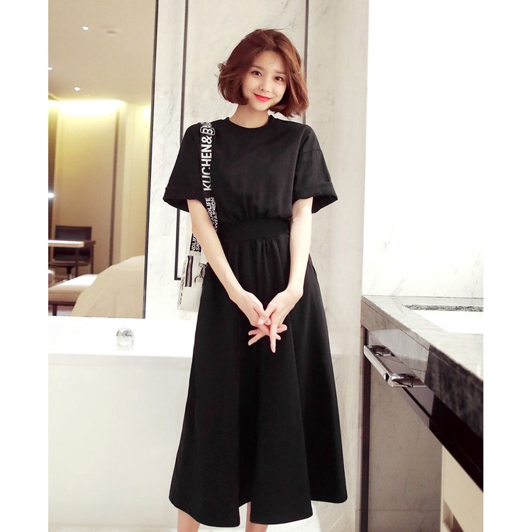 Women Dress Plain Summer Short Sleeve Round Neck A Line Mid Length Long Dress Solid Cotton Sundress 