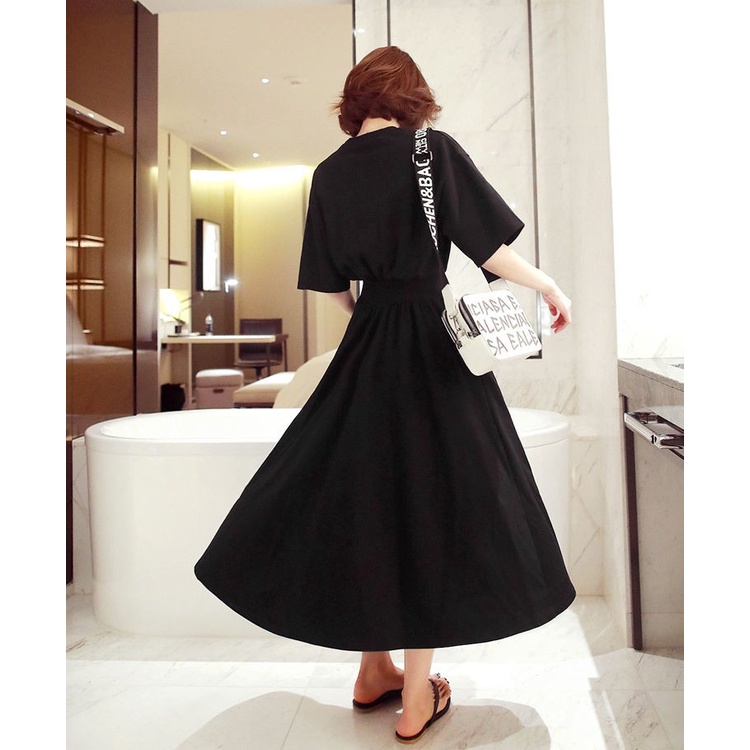 Women Dress Plain Summer Short Sleeve Round Neck A Line Mid Length Long Dress Solid Cotton Sundress 