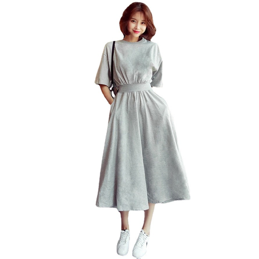 Women Dress Plain Summer Short Sleeve Round Neck A Line Mid Length Long Dress Solid Cotton Sundress 